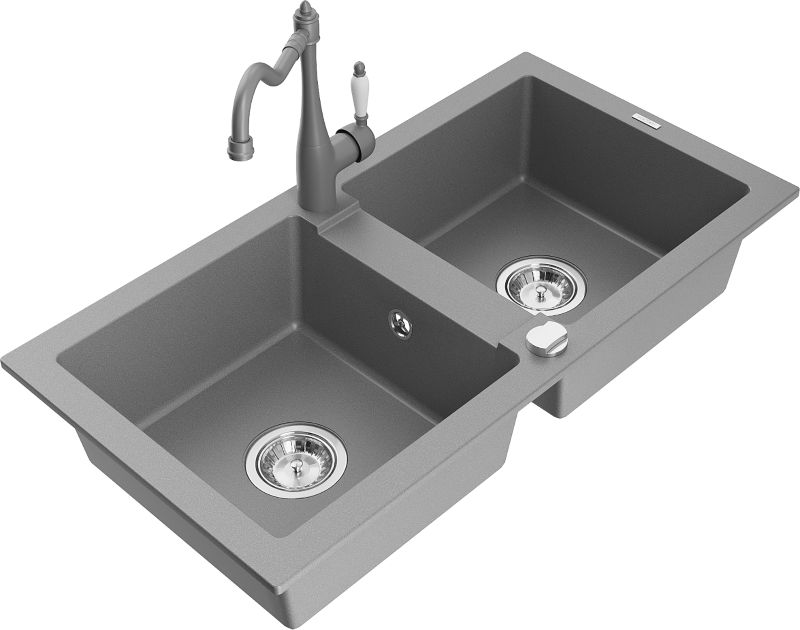 Zlewozmywak granitowy Mexen Mario 2-komorowy z baterią kuchenną Duero szary - 6504-71-671600-71 1 szt.