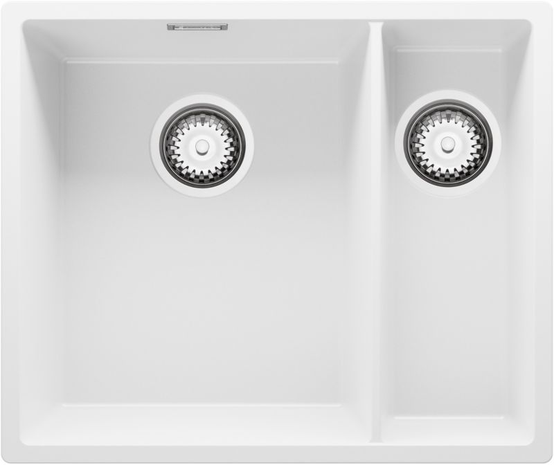 Zlewozmywak Londyn Slim Duo PRIMAGRAN Nablatowy 56x47cm do szafki od 60cm, Biały + Syfon, S002, 1 szt.