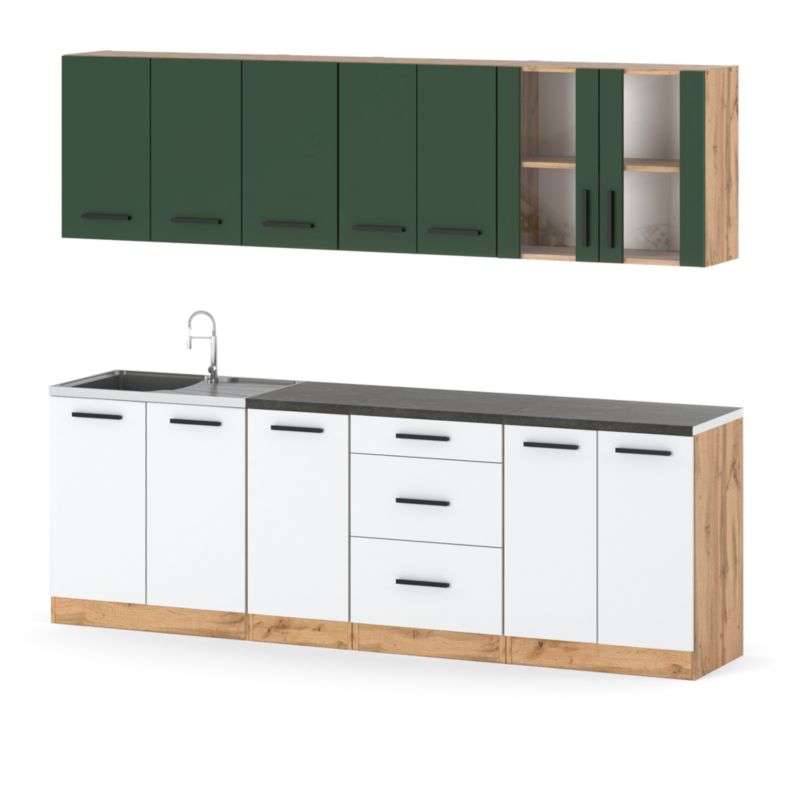 Zestaw Kuchenny Hurtownia-Mebli Z Blatem Kuchnia Remino 260cm Dąb Wotan Butelkowa Zieleń/Biały Mat 260x47x145 cm 1szt.