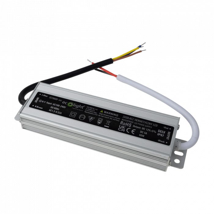 Zasilacz transformator do LED Ecolight moc 60W output 12V DC stałoprądowy IP67 - 1 szt
