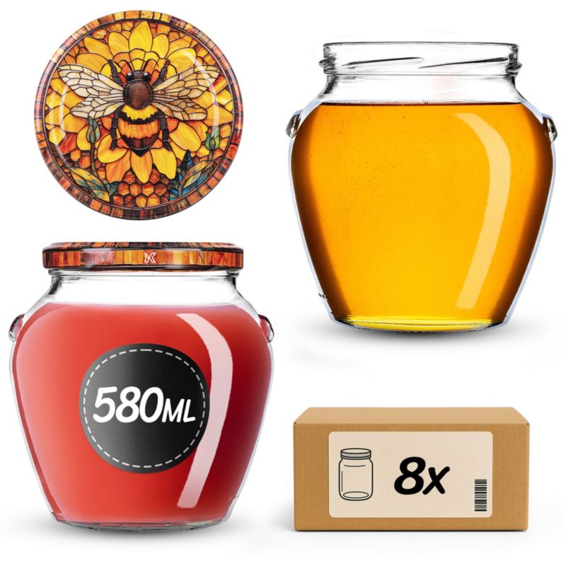 Słoiki na przetwory 580ml + wieczka "Witraż z pszczołą" 82mm 8szt.