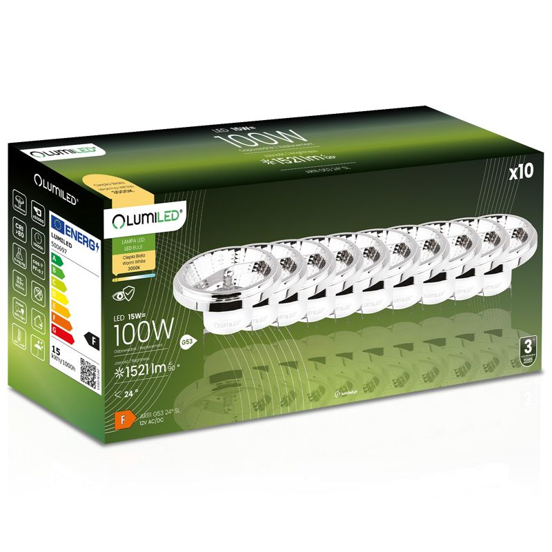 Żarówka LED Lumiled G53 Reflektor AR111 15W 1521lm 3000K 24st 12V Srebrna 10 szt.