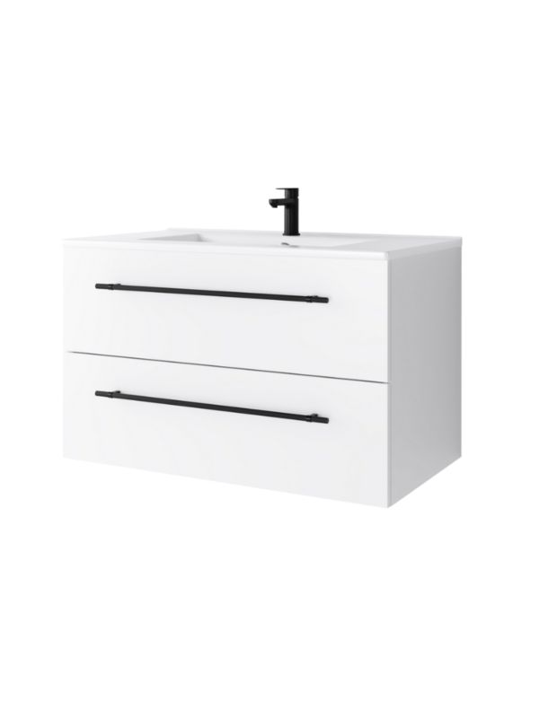 Zestaw szafka łazienkowa z umywalką ceramiczną Uptrend NAVA 80, 0D2S Biały Mat - uchwyt czarny mat 1 kpl.