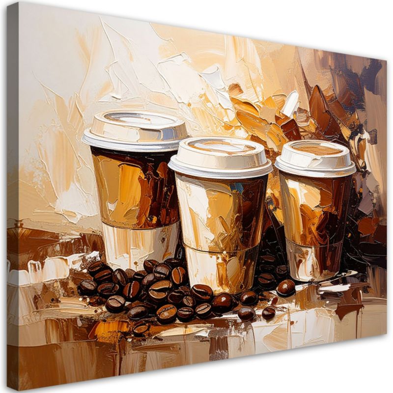 Obraz do kuchni baru Feeby Kubki z kawą imitacja farby olejnej w beżu 120x80cm 1szt