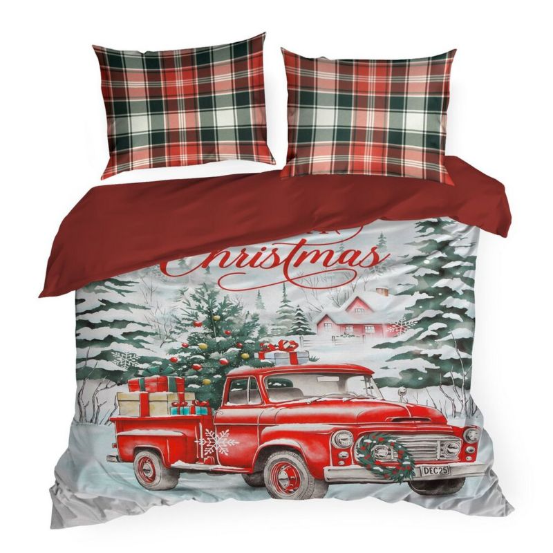 Pościel Świąteczna XMAS Eurofirany Czerwona Krata Choinka 160X200 cm 3 szt.