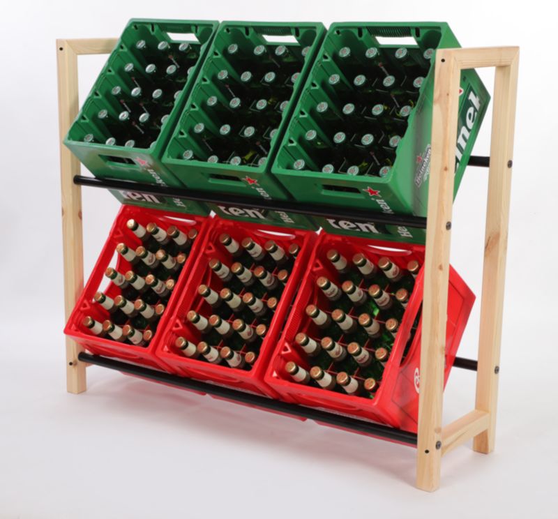 Regał na skrzynki MODO24 drewniany z metalowymi drążkami 2-poziomowy naturalny 1 szt.