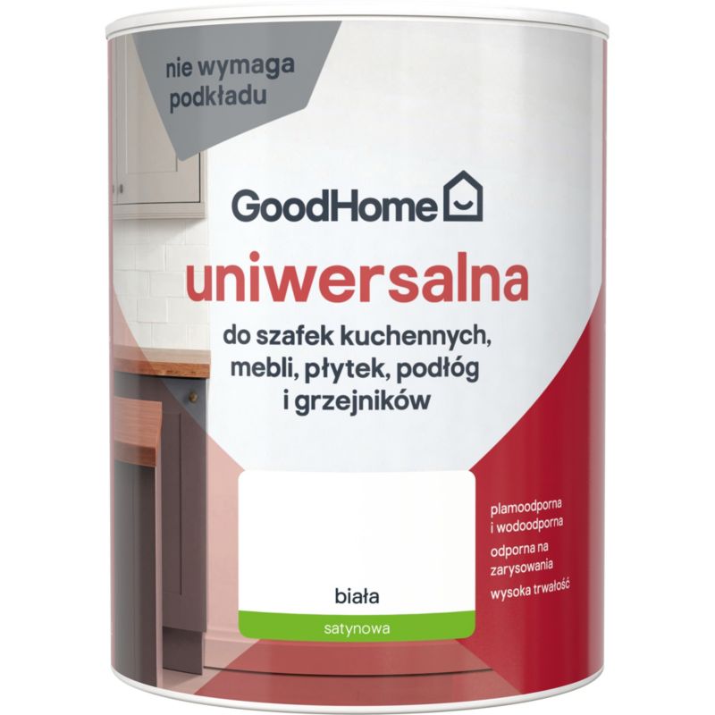 Farba uniwersalna GoodHome Reno biała satyna 0,75 l