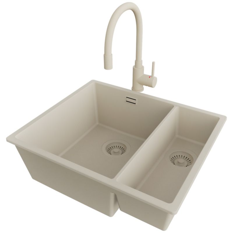 Zlewozmywak Granitowy Londyn Slim Duo PRIMAGRAN Nablatowy 56x47cm do szafki od 60cm, Beżowy + Bateria + Syfon, S034, 1 szt.