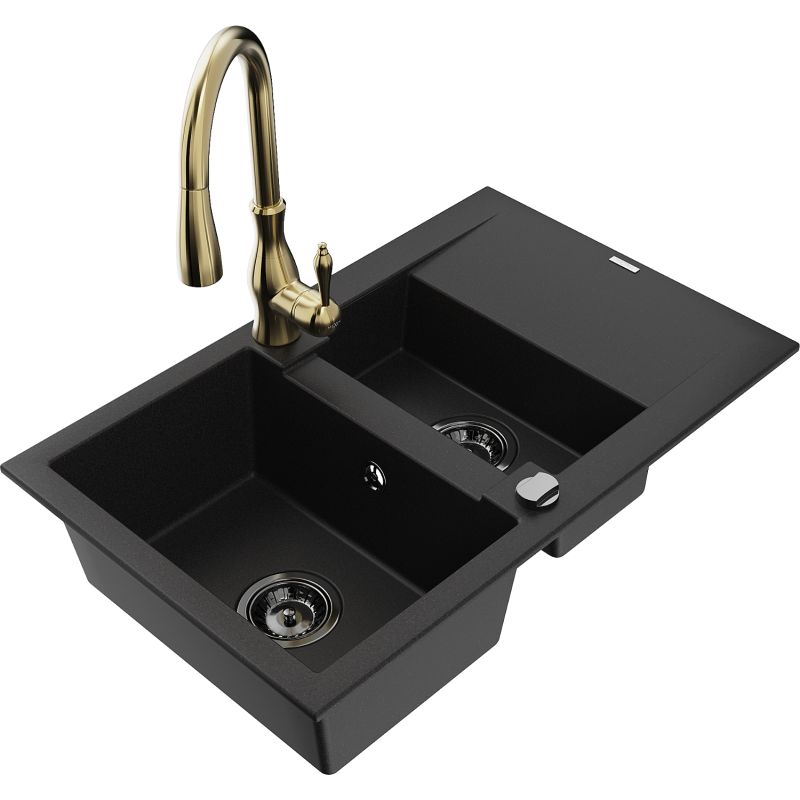 Zlewozmywak granitowy 1.5-komorowy Mexen Gaspar z ociekaczem i baterią kuchenną Savita czarny 6507-77-672601-50-B