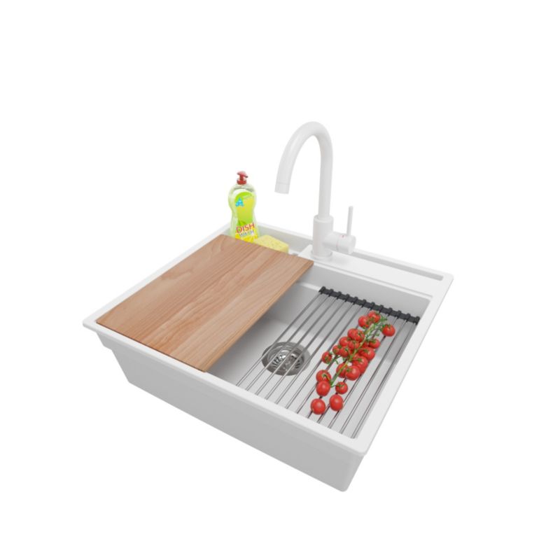 Zlewozmywak Granitowy Oslo Pocket PRIMAGRAN Nablatowy 58x53cm, Biały + Bateria + Syfon + Akcesorium, S222, 1 szt.