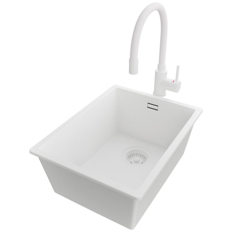 Zlewozmywak Granitowy Londyn Slim PRIMAGRAN Nablatowy 36x47cm do szafki od 40cm, Cały Biały + Bateria + Syfon, S056, 1 szt.