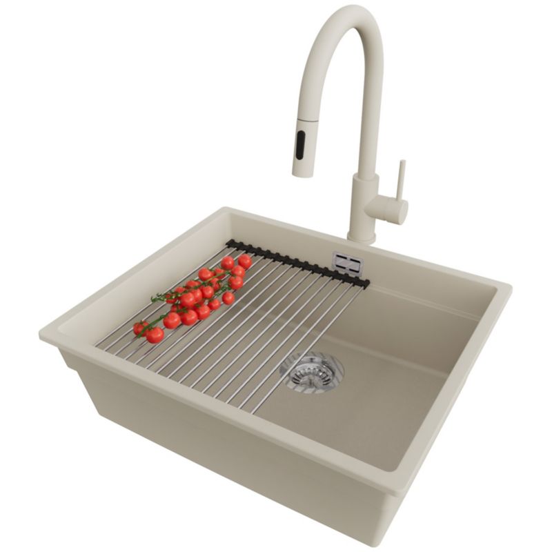 Zlewozmywak Granitowy Praga Slim PRIMAGRAN Nablatowy 56x47cm, Beżowy + Bateria + Syfon + Akcesorium, S292, 1 szt.