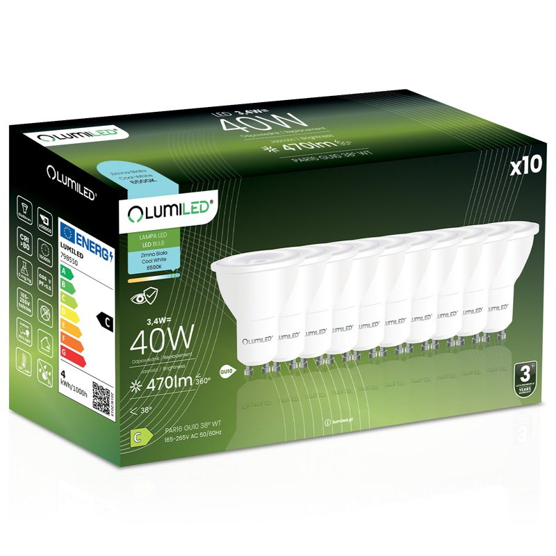 Żarówka LED Lumiled GU10 Reflektor PAR16 3.4W 470lm 6500K 38st 10 szt.