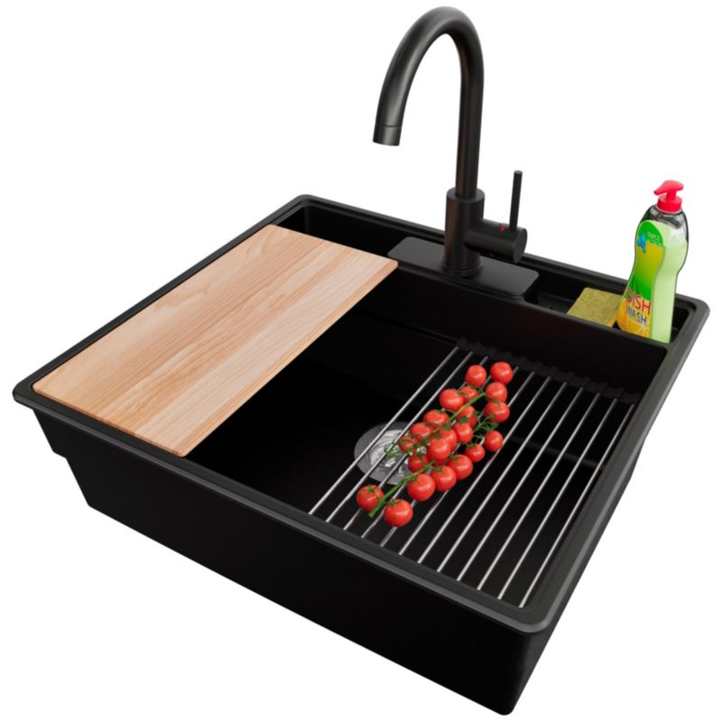 Zlewozmywak Granitowy Nowy Jork PRIMAGRAN Nablatowy 58x53cm do szafki od 60cm, Czarny + Bateria + Syfon + Akcesoria, S041, 1 szt.