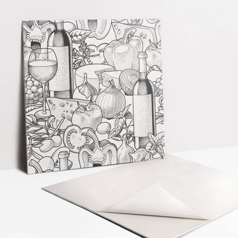 Kafelki samoprzylepne Tulup 30x30 cm Motyw z butelką wina i warzywami 9 szt.