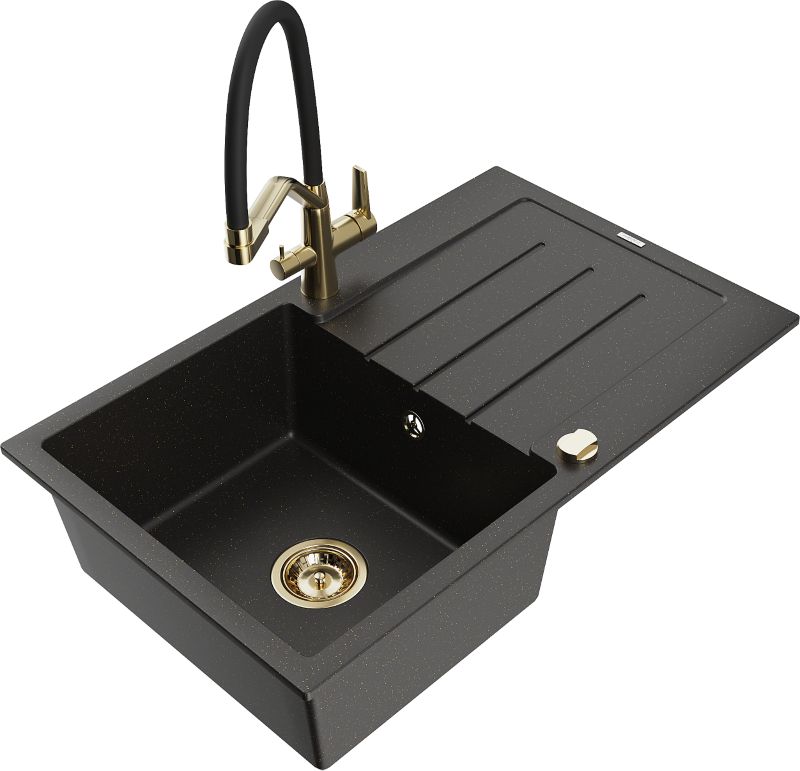 Zlewozmywak granitowy Mexen Bruno 1-komorowy z ociekaczem i baterią kuchenną Duo czarny/złoty 6513-75-671701-57-G