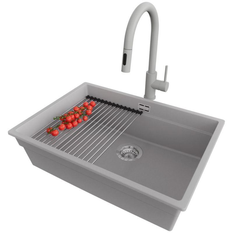 Zlewozmywak podblatowy Praga PRIMAGRAN 66x47cm do szafki od 70cm, Szary + Bateria + Syfon + Zwijany ociekacz, S451, 1 szt.