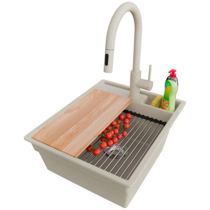 Zlewozmywak Granitowy Oslo Pocket PRIMAGRAN Nablatowy 43x53cm, Beżowy + Bateria + Syfon + Akcesorium, S108, 1 szt.