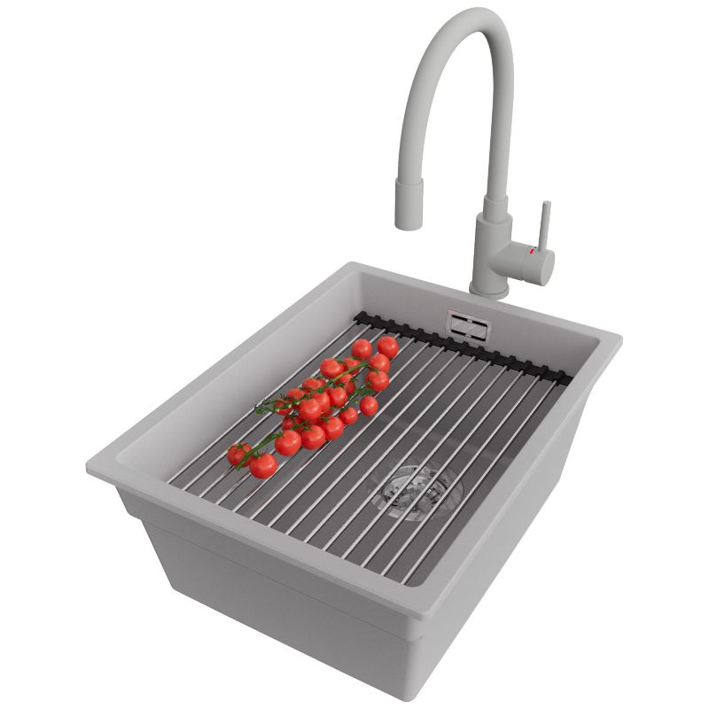 Zlewozmywak Granitowy Praga Slim PRIMAGRAN Nablatowy 36x47cm, Szary + Bateria + Syfon + Akcesorium, S066, 1 szt.