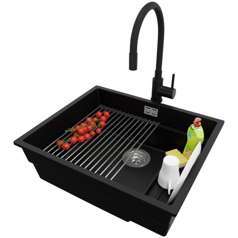 Zlewozmywak podblatowy Praga PRIMAGRAN 56x47cm do szafki od 60cm, Czarny + Bateria + Syfon + Zwijany ociekacz, S364, 1 szt.