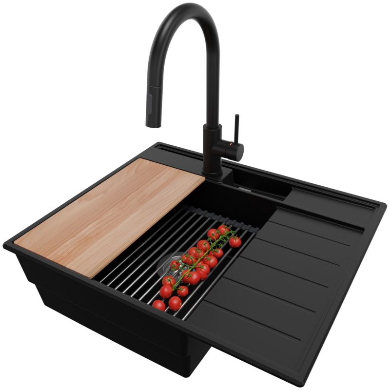 Zlewozmywak Granitowy Sydney Pocket PRIMAGRAN Nablatowy 62x53cm, Czarny + Bateria + Syfon + Akcesorium, S083, 1 szt.