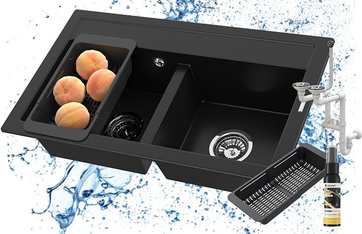 Zlewozmywak granitowy Dwukomorowy Duet Granitan z ociekarką i syfonem 1kpl.