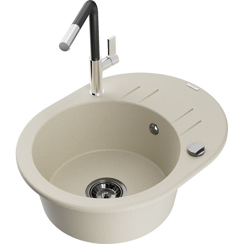 Zlewozmywak granitowy 1-komorowy Mexen Kevin z ociekaczem i baterią kuchenną Flora beżowy 6517-69-670401-07-B