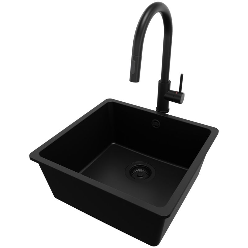 Zlewozmywak Granitowy Wenecja Slim Easy PRIMAGRAN Nablatowy 46x44cm, Cały Czarny + Bateria + Syfon, S046, 1 szt.