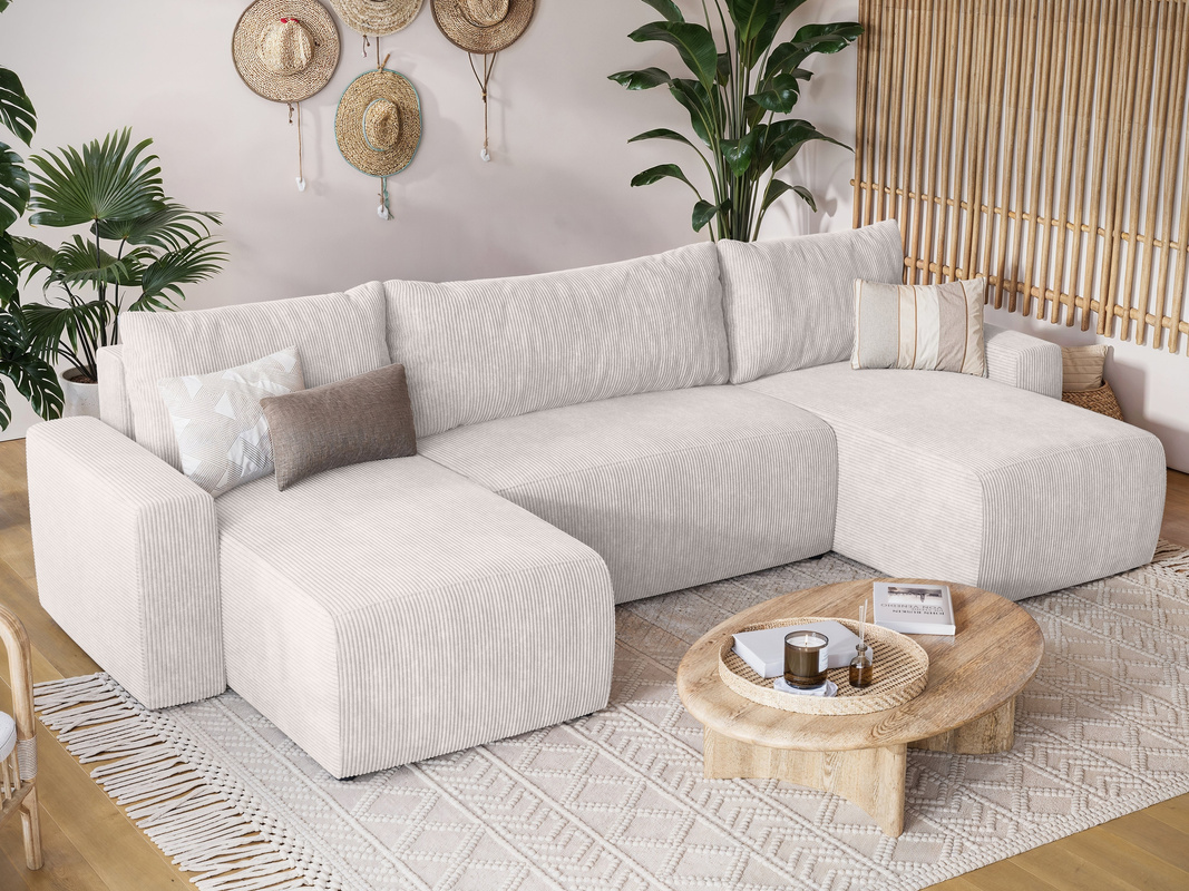 Kremowy narożnik sztruksowy z funkcją spania do salonu PLUSH U