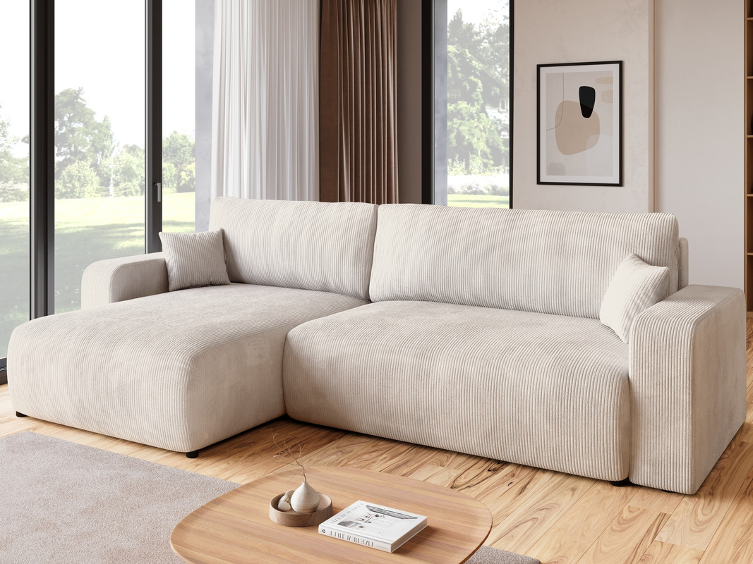 Kremowy narożnik sztruksowy z funkcją spania do salonu PUMI XL