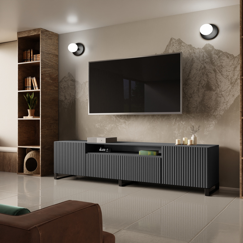 Nowoczesna szafka RTV 200 cm na nóżkach z półkami TAVIO grafitowa frezowana