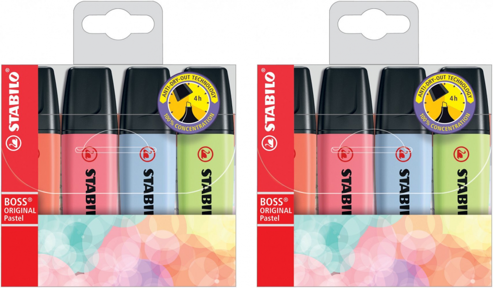 2x zakreślacz Stabilo, Boss Original, ścięta, 4 sztuki, mix nowych kolorów pastelowych