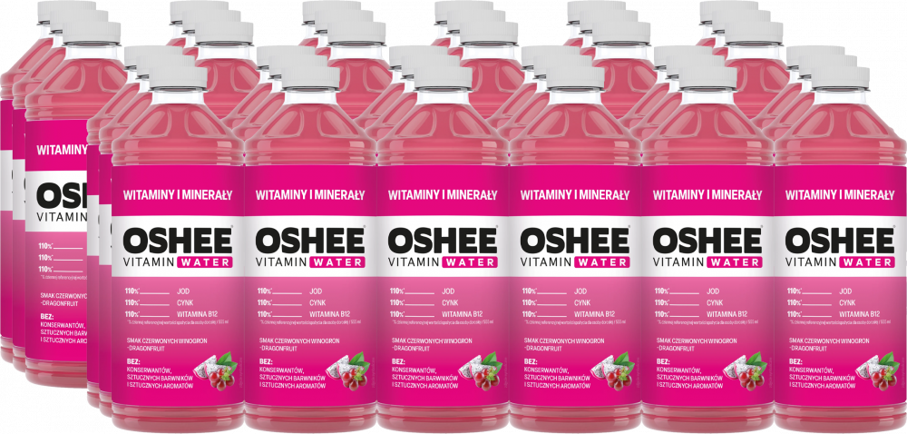 36x Napój niegazowany Oshee Vitamin Water witaminy i minerały, winogrono i dragonfruit, butelka PET, 0.555l
