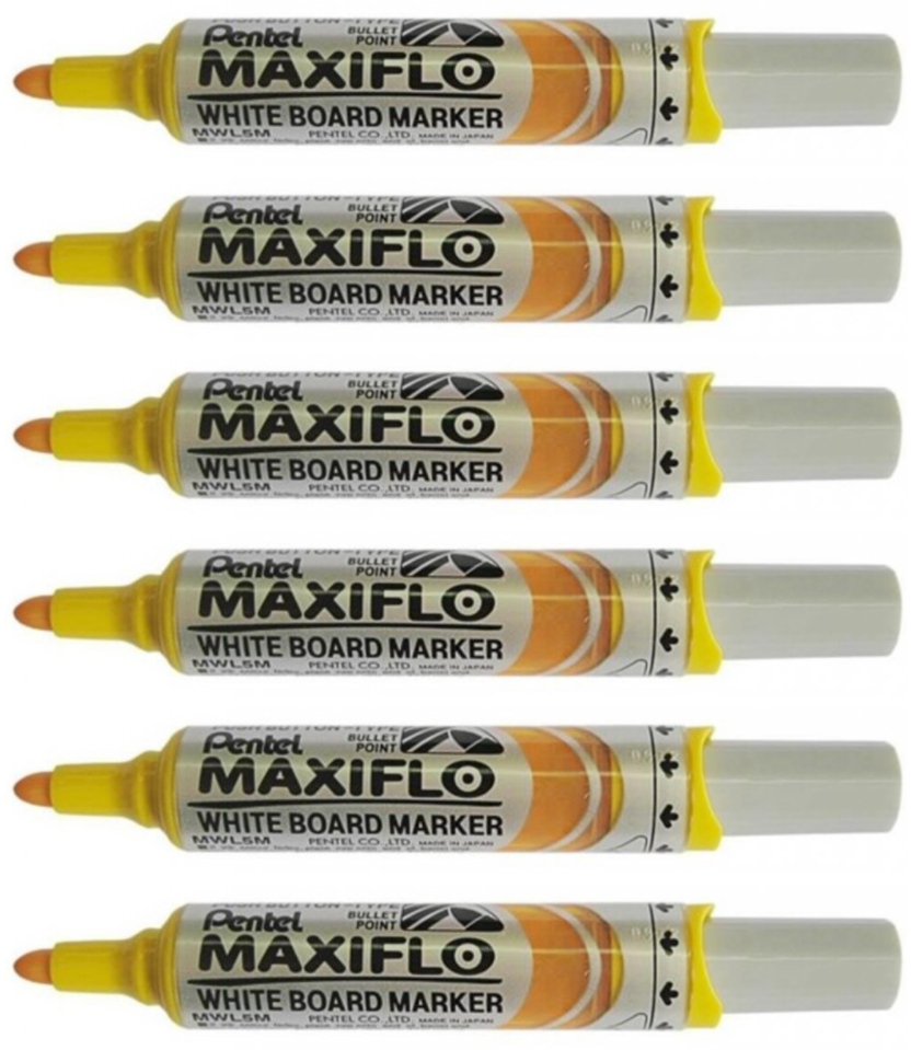 6x marker suchościeralny Pentel Maxiflo MWL5M, z tłoczkiem, okrągła, 6mm, żółty