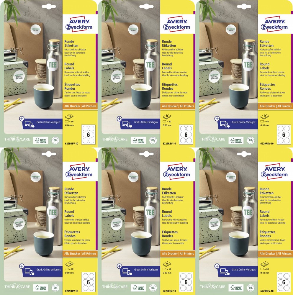 6x Etykiety samoprzylepne usuwalne Avery Zweckform, okrągłe, średnica 80mm, 10 arkuszy, 60 sztuk, biały