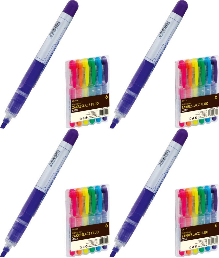 4x Zakreślacz Grand, GR-219, ścięta, 6 sztuk, mix kolorów