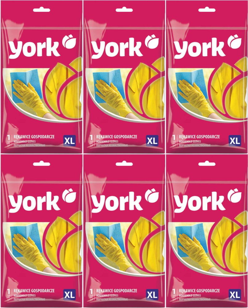 6x Rękawiczki lateksowe domowe York, rozmiar XL, 1 para, żółty