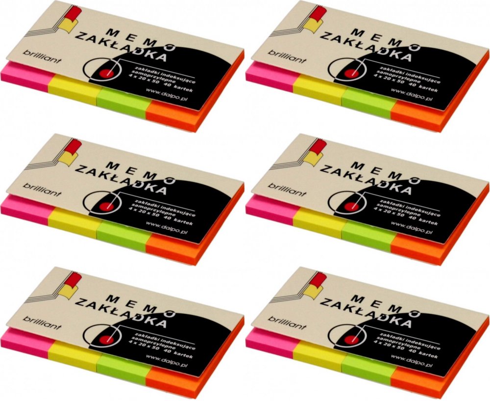 6x Zakładki samoprzylepne Dalpo proste, indeksujące, papier, 20x50mm, 4x40 sztuk, mix kolorów