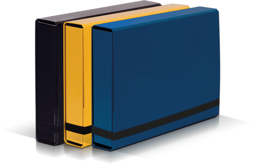 Zestaw: 3x Teczka kartonowa z gumką VauPe Box Caribic, A4, 50mm, czarny, żółty, granatowy