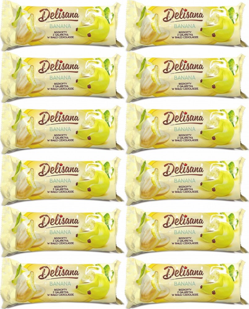12x Biszkopty w białej czekoladzie Delicpol Delisana, z galaretką bananową, 135g