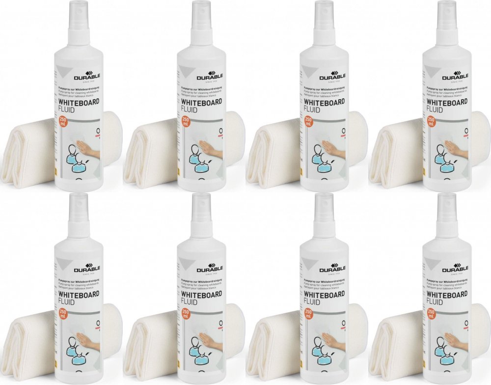 8x Zestaw do tablic Durable, płyn 250ml, ściereczka z mikrofibry 25x25cm