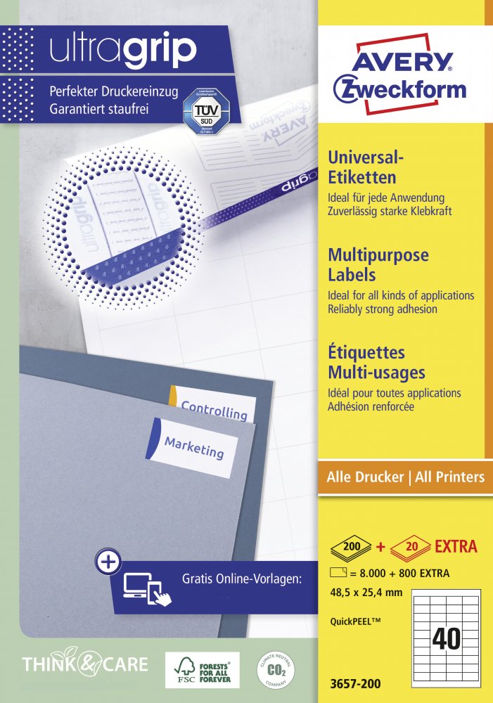 Etykiety samoprzylepne Avery Zweckform, 48,5x25,4mm, 200 arkuszy + 20 gratis,, biały