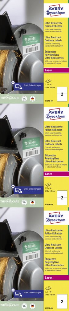 3x Etykiety polietylenowe Avery Zweckform Ultra Resistant, 210x148mm, 40 arkuszy, biały