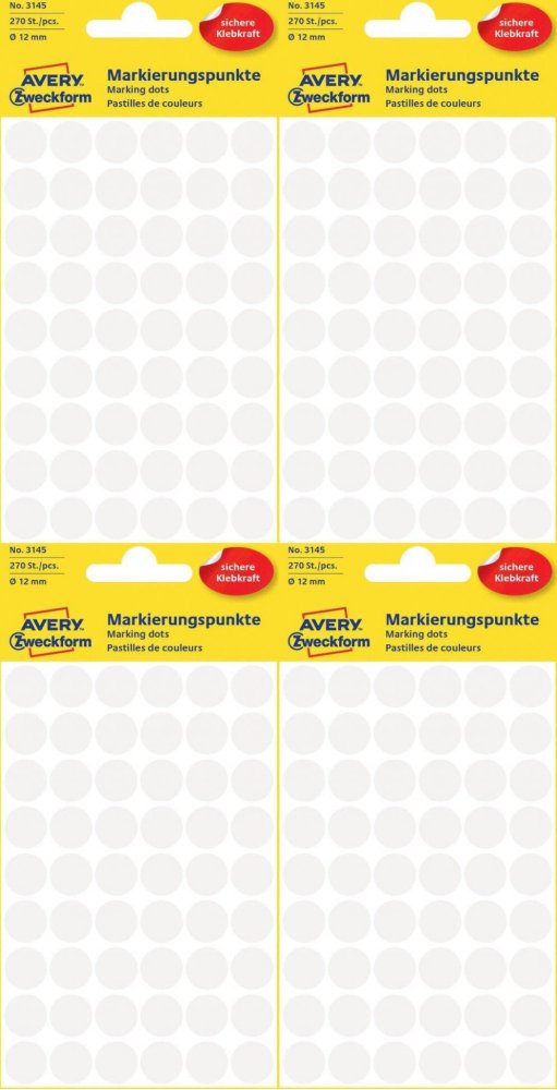 4x Etykiety Avery Zweckform, okrągłe, średnica 12mm, 270 sztuk, biały