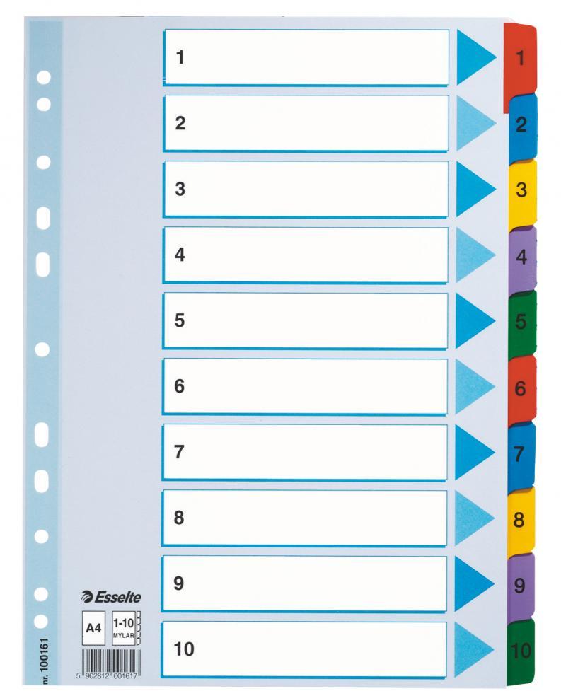 Przekładki do segregatora Esselte Mylar, kartonowe, numeryczne, A4, 1-10 kart, mix kolorów