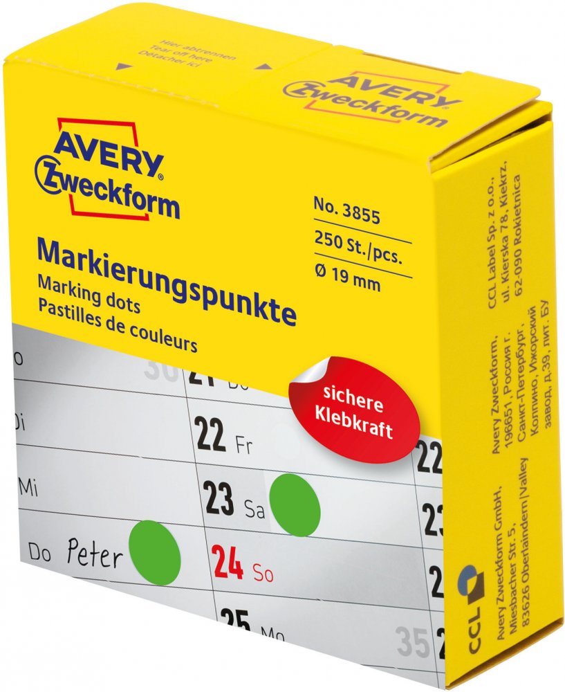 Etykiety Avery Zweckform, okrągłe, średnica 19mm, 250 sztuk, zielony