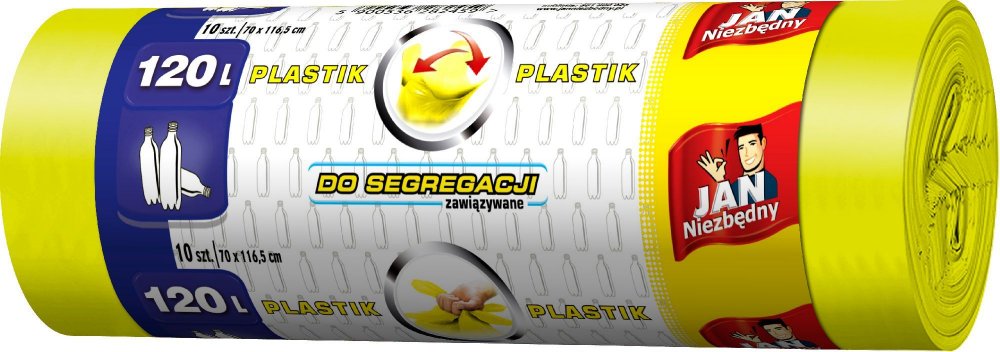 Worki na śmieci Jan Niezbędny, na plastik, 120l, 10 sztuk, żółty