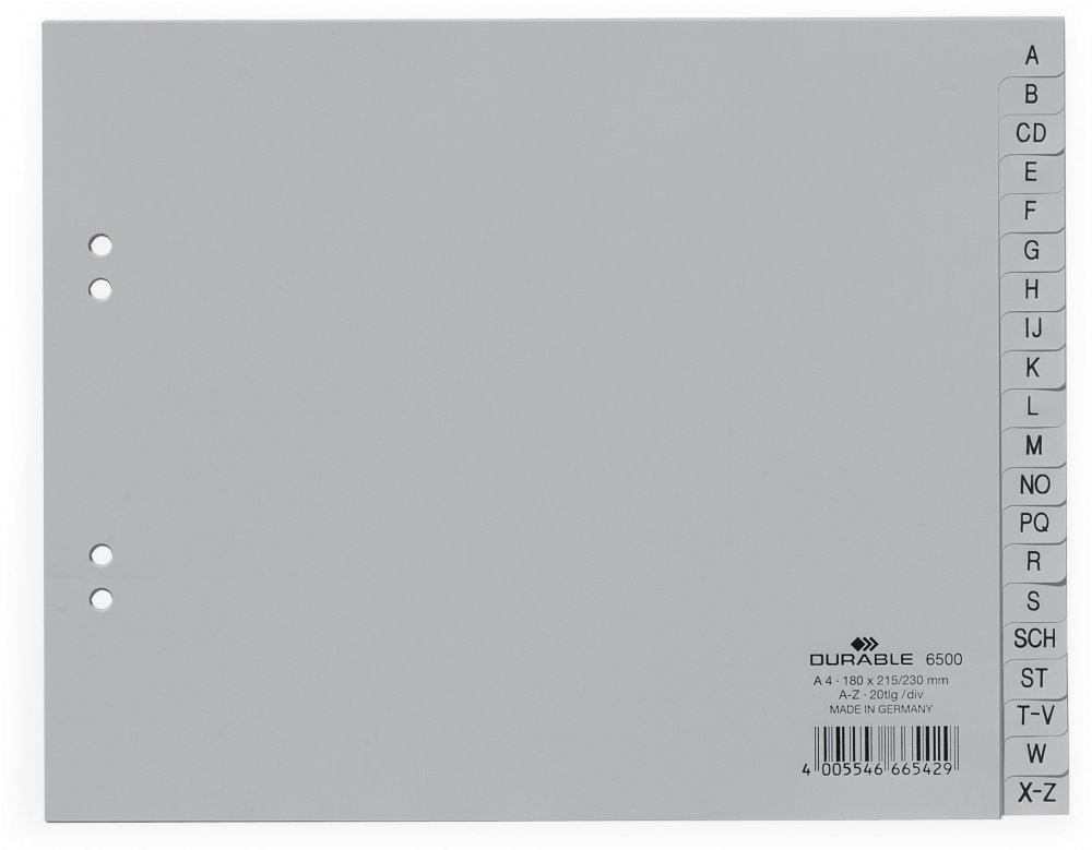 Przekładki do segregatora Durable, plastikowe, alfabetyczne (A-Z), poziome, A4, 20 kart, szary
