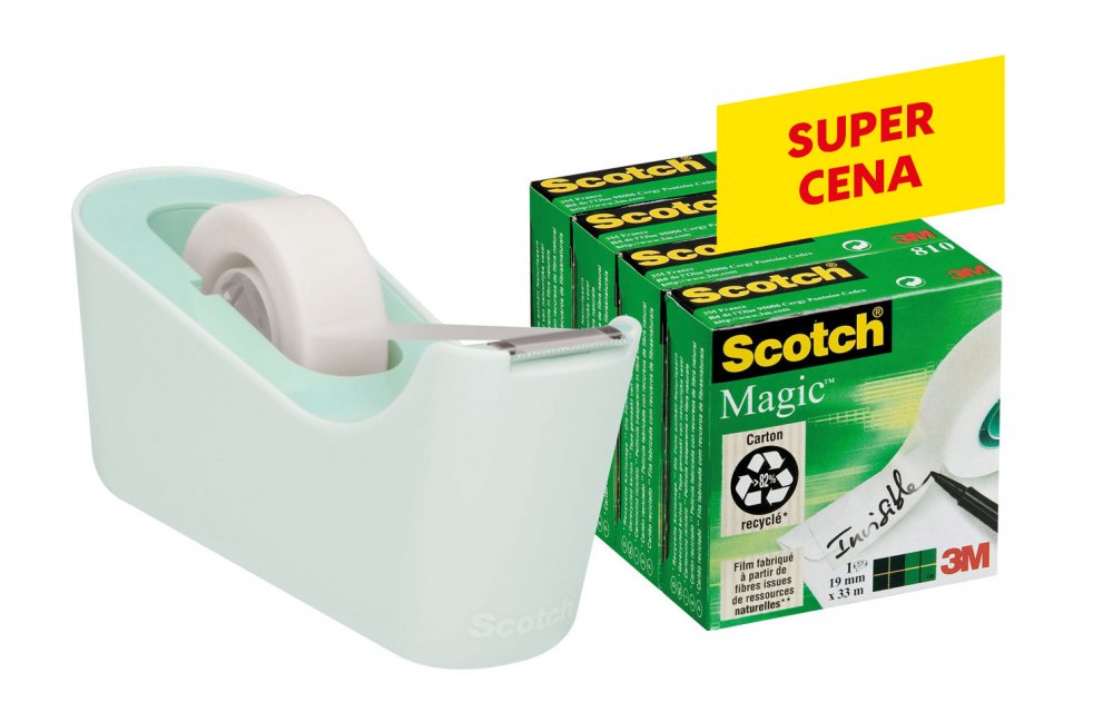 Taśma klejąca Scotch Magic, 4 rolki, 19mmx33m + podajnik C-18, miętowy