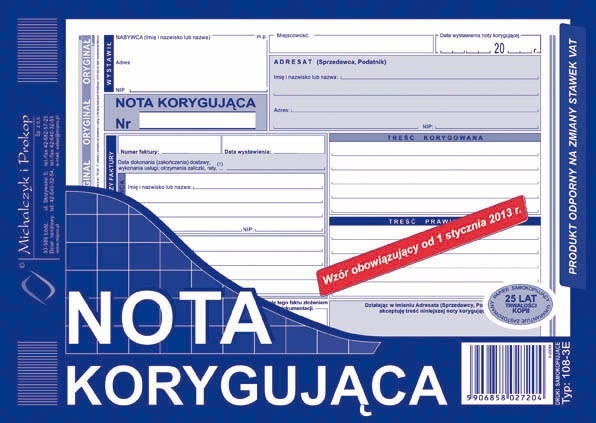 Druk akcydensowy Nota korygująca MiP 108-3E, A5, 1 kopia, 80k